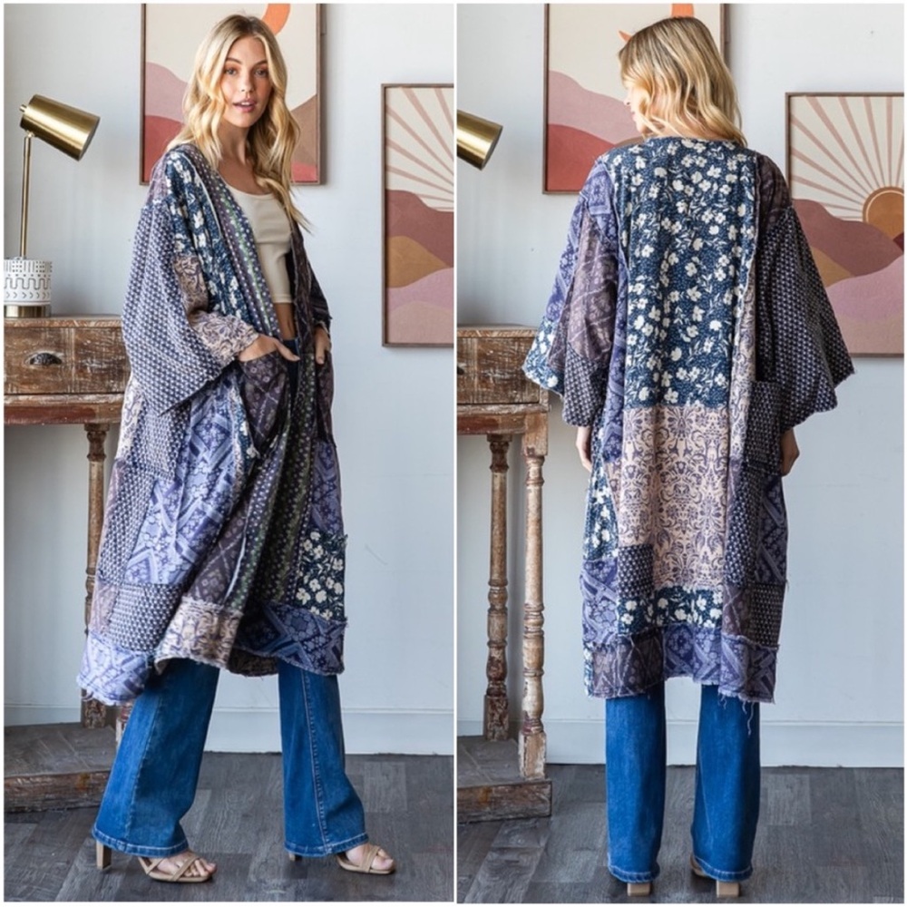 NWT! Oli & Hali Floral Print Patchwork Pockets Blue Open Front Cardigan Trench - Picture 2 of 3